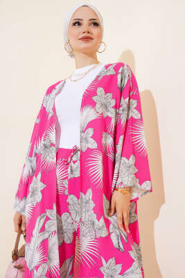 Desenli Salaş Kimono İkili Takım Fuşya - İkili Takım