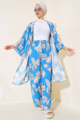 Desenli Salaş Kimono İkili Takım Mavi 
