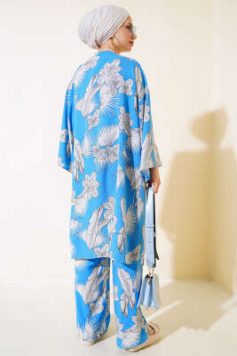 Desenli Salaş Kimono İkili Takım Mavi - İkili Takım