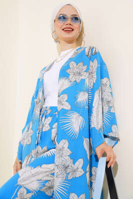 Desenli Salaş Kimono İkili Takım Mavi - İkili Takım