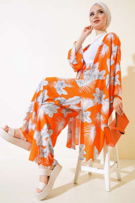 Desenli Salaş Kimono İkili Takım Oranj 