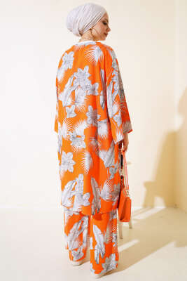 Desenli Salaş Kimono İkili Takım Oranj - İkili Takım