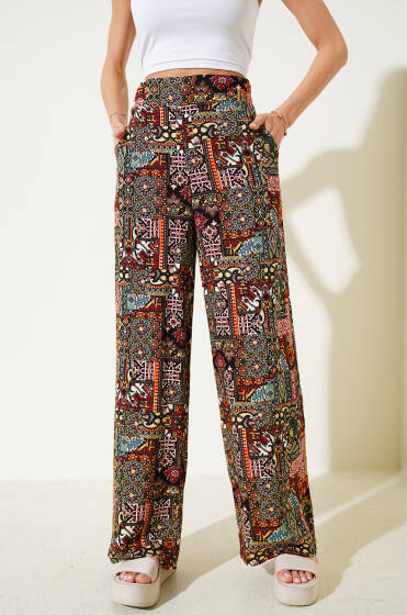 Desenli Salaş Viskon Pantolon Kahve - Kadın Giyim Modelleri