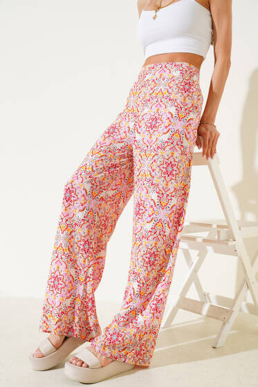 Desenli Salaş Viskon Pantolon Pembe - Kadın Giyim Modelleri