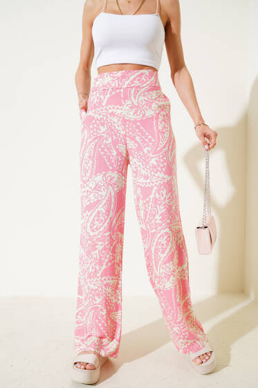 Desenli Salaş Viskon Pantolon Pudra - Kadın Giyim Modelleri