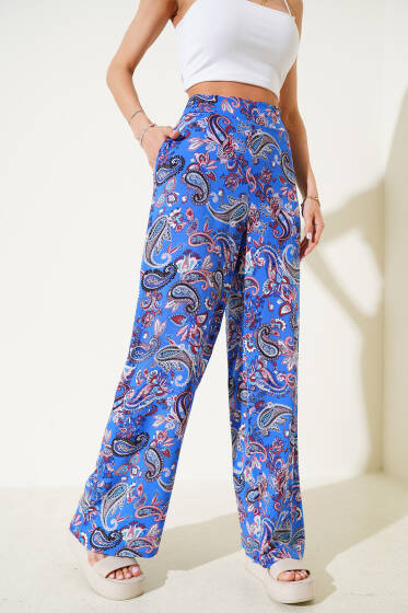 Desenli Salaş Viskon Pantolon Saks - Kadın Giyim Modelleri