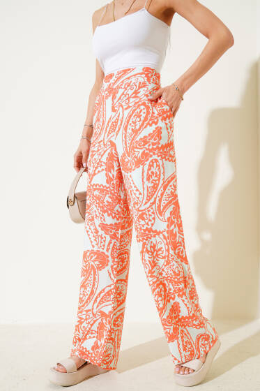 Desenli Salaş Viskon Pantolon Somon - Kadın Giyim Modelleri