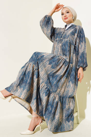 Desenli Salaş Yarım Düğmeli Elbise İndigo - Elbise