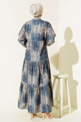 Desenli Salaş Yarım Düğmeli Elbise İndigo - Tesettür Elbise