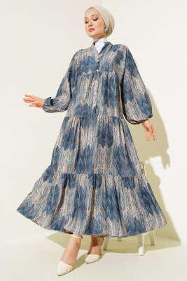 Desenli Salaş Yarım Düğmeli Elbise İndigo - Tesettür Elbise