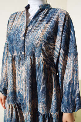 Desenli Salaş Yarım Düğmeli Elbise İndigo - Tesettür Elbise