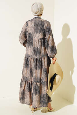 Desenli Salaş Yarım Düğmeli Elbise Siyah - Tesettür Elbise