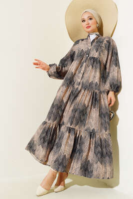 Desenli Salaş Yarım Düğmeli Elbise Siyah - Tesettür Elbise