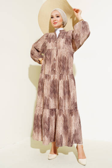 Desenli Salaş Yarım Düğmeli Elbise Vizon - Elbise