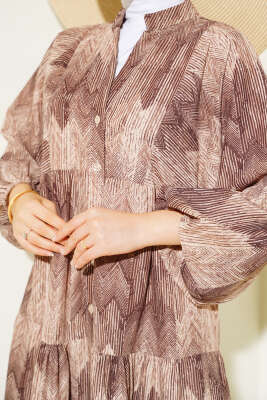 Desenli Salaş Yarım Düğmeli Elbise Vizon - Tesettür Elbise