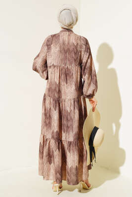 Desenli Salaş Yarım Düğmeli Elbise Vizon - Tesettür Elbise