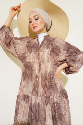 Desenli Salaş Yarım Düğmeli Elbise Vizon - Tesettür Elbise