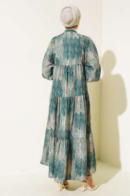 Desenli Salaş Yarım Düğmeli Elbise Zümrüt - Tesettür Elbise