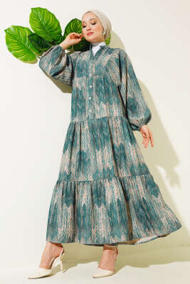 Desenli Salaş Yarım Düğmeli Elbise Zümrüt 