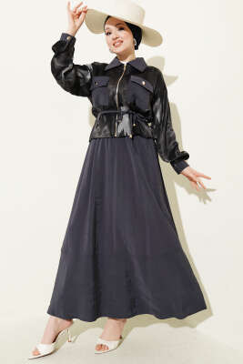 Desenli Saten Bluz Etekli İkili Takım Füme 