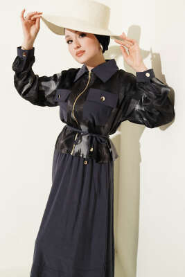 Desenli Saten Bluz Etekli İkili Takım Füme - İkili Takım