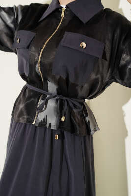 Desenli Saten Bluz Etekli İkili Takım Füme - İkili Takım