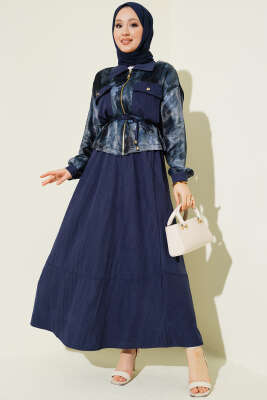 Desenli Saten Bluz Etekli İkili Takım Lacivert - NESSİA