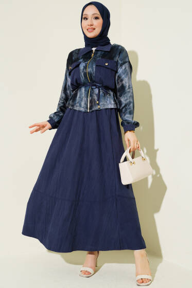 Desenli Saten Bluz Etekli İkili Takım Lacivert - İkili Takım