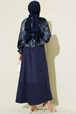 Desenli Saten Bluz Etekli İkili Takım Lacivert - İkili Takım