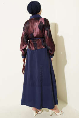 Desenli Saten Bluz Etekli İkili Takım Parlement - İkili Takım