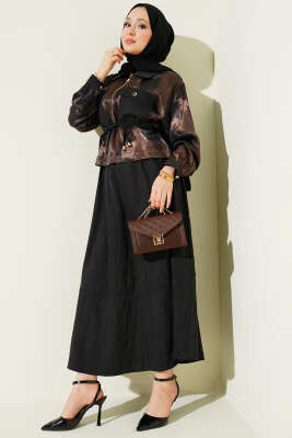 Desenli Saten Bluz Etekli İkili Takım Siyah - NESSİA