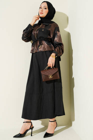 Desenli Saten Bluz Etekli İkili Takım Siyah - İkili Takım