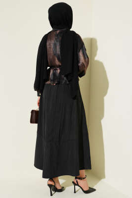 Desenli Saten Bluz Etekli İkili Takım Siyah - İkili Takım