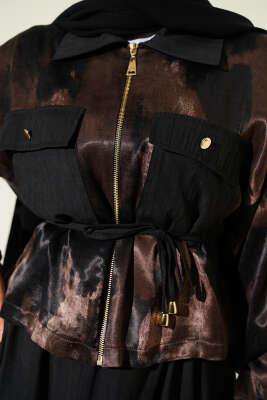 Desenli Saten Bluz Etekli İkili Takım Siyah - İkili Takım