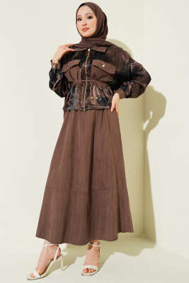 Desenli Saten Bluz Etekli İkili Takım Vizon - NESSİA