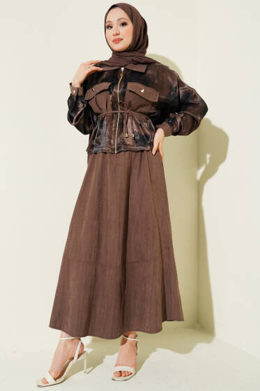 Desenli Saten Bluz Etekli İkili Takım Vizon - İkili Takım