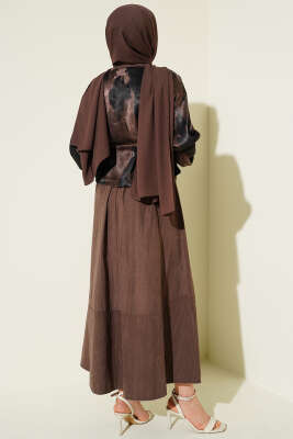 Desenli Saten Bluz Etekli İkili Takım Vizon - İkili Takım