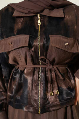 Desenli Saten Bluz Etekli İkili Takım Vizon - İkili Takım