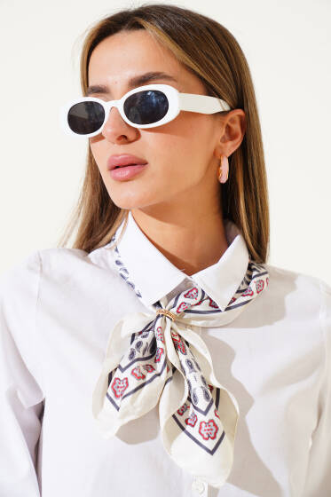 Desenli Saten Fular Ekru - FULAR