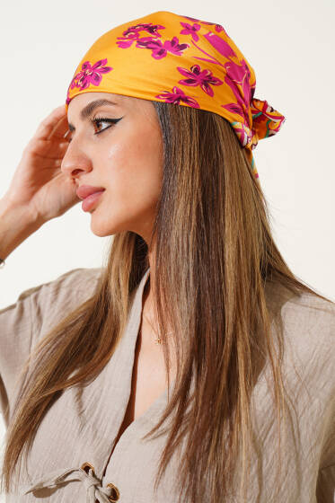 Desenli Saten Fular Fuşya - FULAR