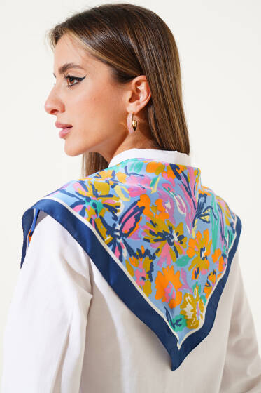 Desenli Saten Fular Mavi - FULAR