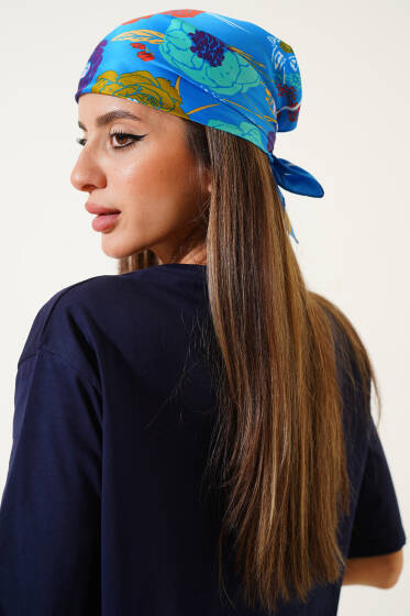 Desenli Saten Fular Saks - FULAR