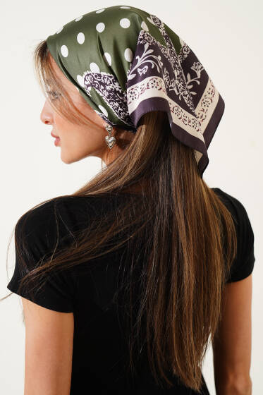 Desenli Saten Fular Siyah Haki - FULAR