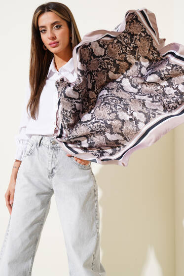 Desenli Saten Fular Vizon - FULAR