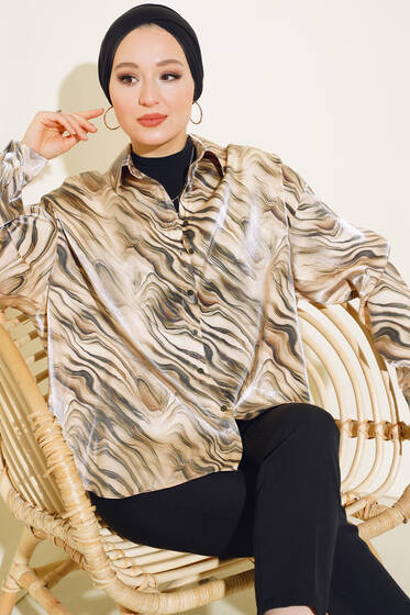 Desenli Saten Gömlek Bej - Gömlek