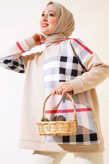 Desenli Scuba Tunik Bej - Tunik