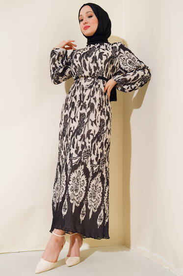 Desenli Şifon Elbise Haki - Tesettür Elbise