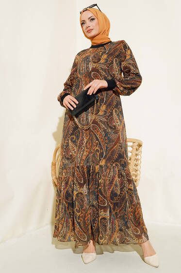 Desenli Şifon Elbise Hardal - Tesettür Elbise