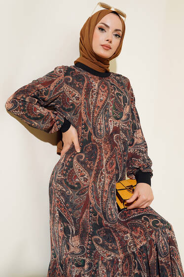 Desenli Şifon Elbise Kahve - Tesettür Elbise