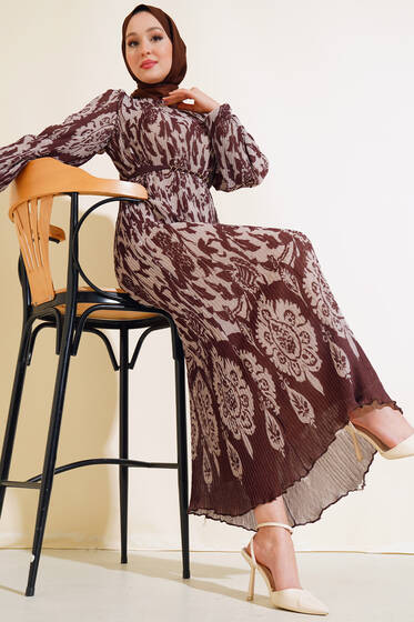 Desenli Şifon Elbise Kahve - Tesettür Elbise